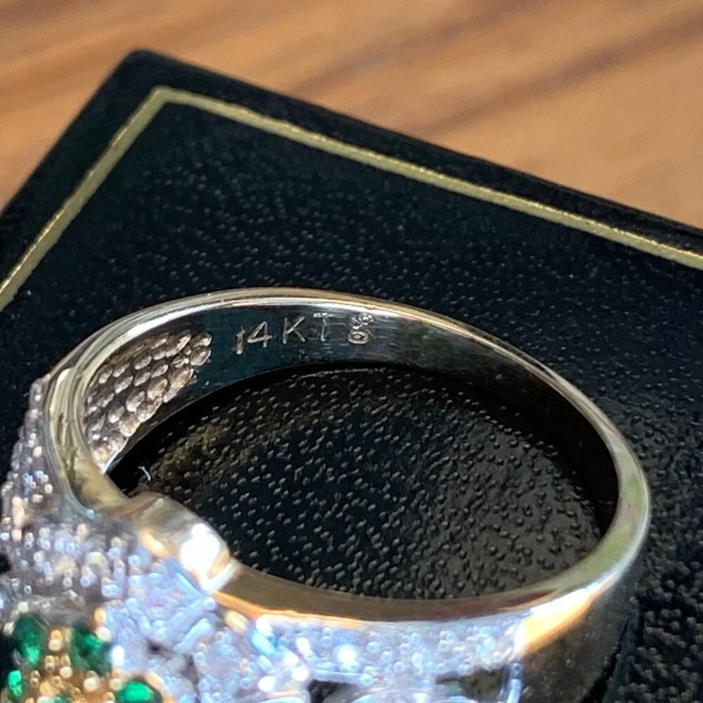 Tsavorite Green Garnet Diamond 14K Gold Ring Flower Leaves New Old Stock Sz 8